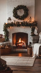 Elegant white fireplace adorned with Christmas garland, wreath, and lanterns creating a warm and rustic holiday ambiance