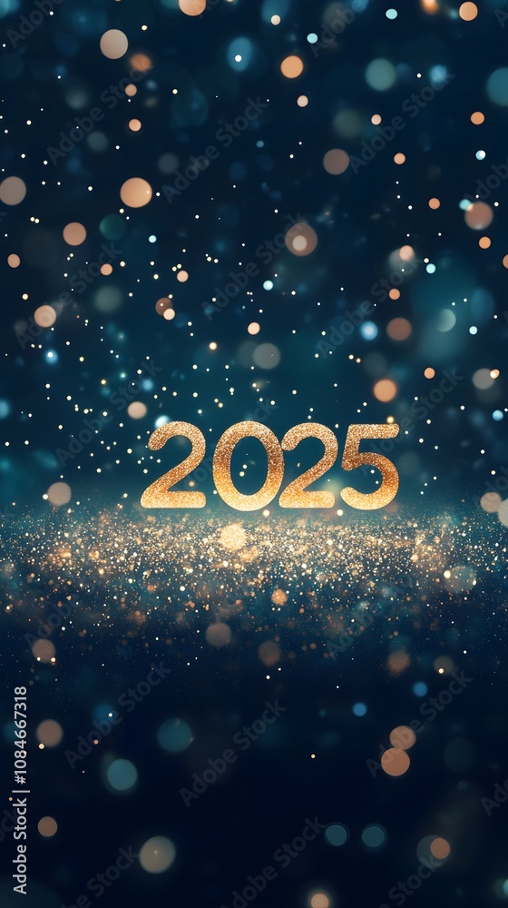 Sticker glittering golden 2025 text surrounded by festive bokeh lights and sparkles on a dark teal backgroun