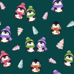 seamless pattern with cute penguins with tree, hot drink