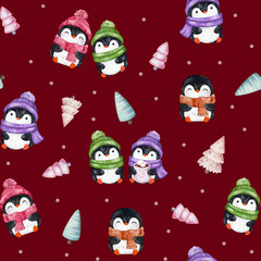 seamless pattern with cute penguins with tree, hot drink