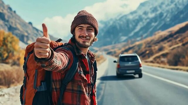 features a smiling man standing on the side of a road with mountains and forested hills in the background. He is wearing a green shirt and carrying a light brown backpack, giving him a traveler or bac
