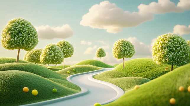 Serene Spring Landscape Rolling Hills Lush Green Blooming Trees Winding Path