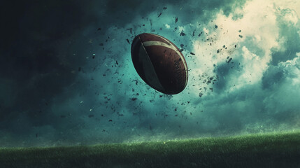 Dramatic Rugby Ball Flight Stormy Sky Green Field Action Sports