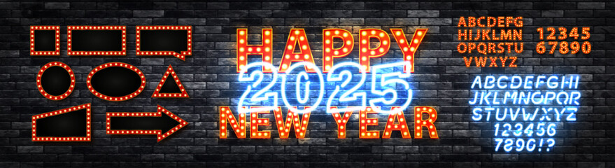 Vector neon sign of Happy 2025 Year with neon alphabet and billboards isolated on wall background.