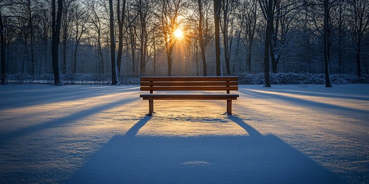 Lonely wooden bench in a serene winter park at sunset, surrounded by snow-covered trees