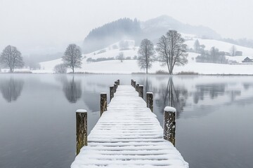 Serene winter landscape featuring a snowy wooden pier by a quiet lake at dusk