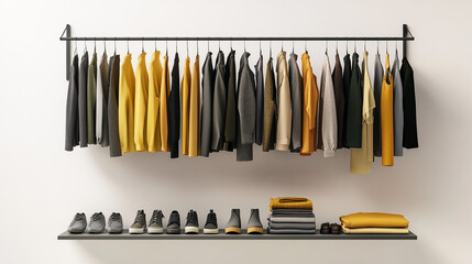 Stylish Clothing Shoes Organized on Modern Rack Neutral Tones Yellow Accents