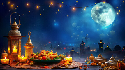 Ramadan Iftar food with Muslim lantern.