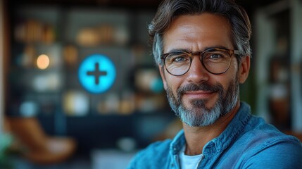 Obraz premium businessman interacting with a blue plus sign representing a mindset of positivity mental health care and insurance in mental rejuvenation positive thinking mindset good bes