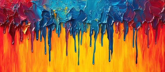 Fototapeta premium A vibrant abstract painting with blue and orange hues, showcasing dripping paint textures.