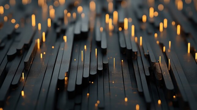 Abstract geometric landscape with metallic structures and warm glowing lights on a dark surface