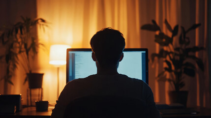 Entrepreneur working on a startup project late at night, glowing computer screen