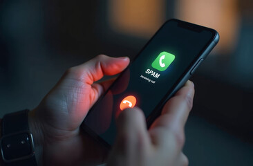 Smartphone with incoming call from unknown number glowing icon, spam detected.