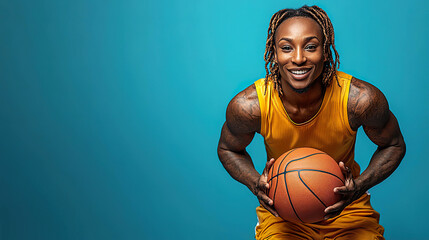 Athletic man holding a basketball and smiling confidently, wearing a yellow jersey on a teal background. AI-generated