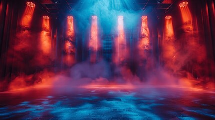 Fototapeta premium Colorful spotlight illuminated theater stage with smoke and mist, dark red walls and blue floors, perfect for live performance or product display
