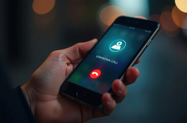 Smartphone with incoming call from unknown number glowing icon, spam detected.