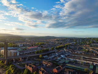 High Angle View of Newport City on River Usk Wales, United Kingdom During Sunset. Aerial Footage Was Captured with Drone's Camera on May 27th, 2024