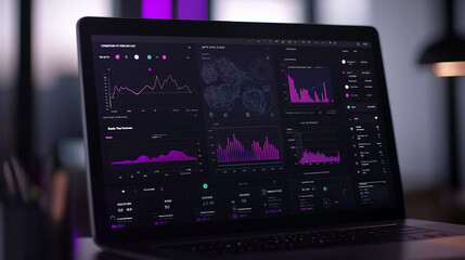 Modern laptop showing complex statistical charts and data analysis in a dark office