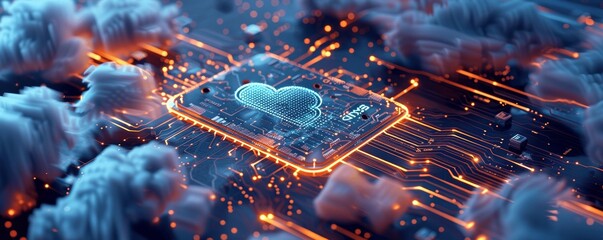 Fototapeta premium advanced microchip and circuit board with cloud security symbols for seamless data storage and access across multiple platforms in a futuristic global network