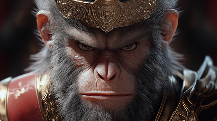 Monkey king wearing golden crown staring intensely, 3d render