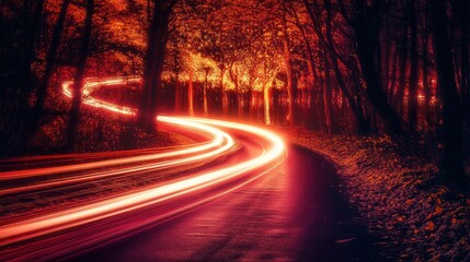 Enigmatic Autumnal Drive: A Nighttime Journey Through a Forest Path Illuminated by Trails of Light
