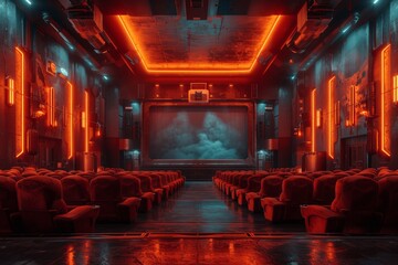 Red Velvet Cinema Hall with Large Blank Screen and Warm Lights for Advertising
