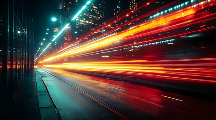 Night City Street with Light Trails Abstract Background