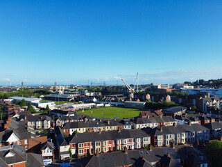 High Angle View of Newport City on River Usk Wales, United Kingdom During Sunset. Aerial Footage Was Captured with Drone's Camera on May 27th, 2024