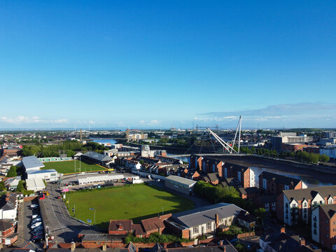 High Angle View of Newport City on River Usk Wales, United Kingdom During Sunset. Aerial Footage Was Captured with Drone's Camera on May 27th, 2024