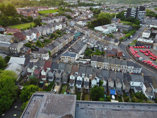 High Angle View of Newport City on River Usk Wales, United Kingdom During Sunset. Aerial Footage...