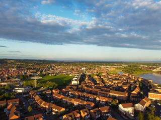 High Angle View of Newport City on River Usk Wales, United Kingdom During Sunset. Aerial Footage...