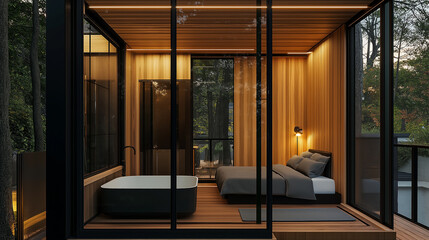 Fototapeta premium Modern, luxurious tiny house glamping in the woods with bathtub and bed