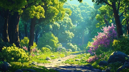 A Sunlit Forest Path With Blooming Flowers and Stone