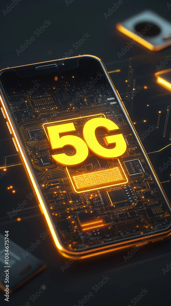Poster smartphone showing 5g technology on futuristic circuit board