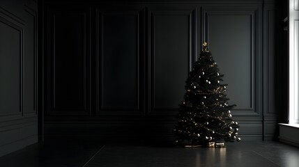 Fototapeta premium Elegant black Christmas tree adorned with golden decorations in a minimalistic dark interior setting, creating a serene and modern holiday atmosphere.