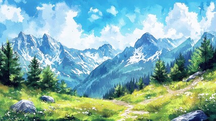 Watercolor Painting of a Winding Path Through a Mountainous Landscape