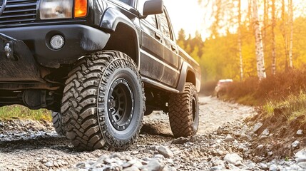 Off-Road Vehicle Adventure on Rocky Path Surrounded by Nature During Golden Hour with Lush Trees and Sunlight in the Background