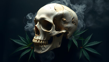 Naklejka premium Human skull with hemp leaves and mist on dark background isolated with white highlights, png
