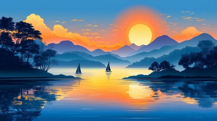 Obraz premium A serene and vibrant illustration of a lake surrounded by lush forests and silhouetted mountains. The glowing sunset reflects on the calm water, creating a warm palette of oranges, yellows, and blues.