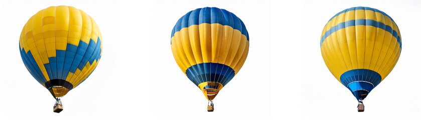 Naklejka premium Three yellow and blue hot air balloons are lined up against a white background.
