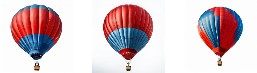 Naklejka premium Three hot air balloons in different color combinations of blue and red on a white background.