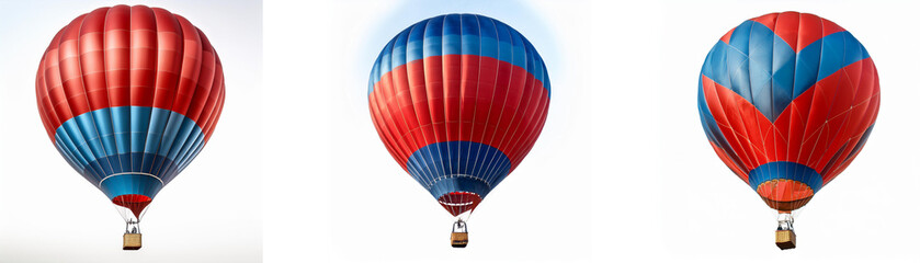 Fototapeta premium Three hot air balloons, red and blue, are positioned against a white background.