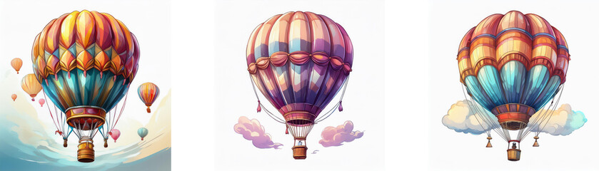 Fototapeta premium Three colorful hot air balloons float against a white background.