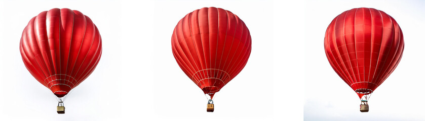 Fototapeta premium Three red hot air balloons with white baskets are evenly spaced and against a white background.