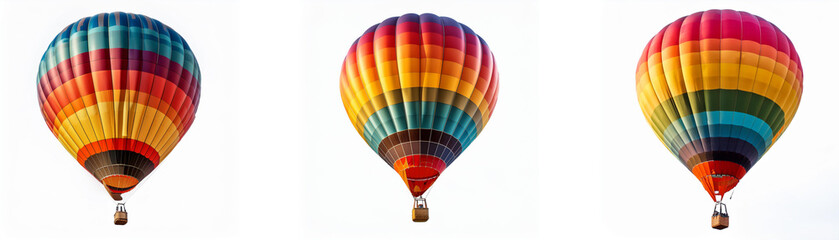 Fototapeta premium Three vibrant hot air balloons with rainbow stripes float against a white background.