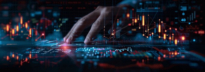 Stock Market Growth Chart with Businessman Pointing at Virtual Financial Data Screen in Futuristic Digital Background