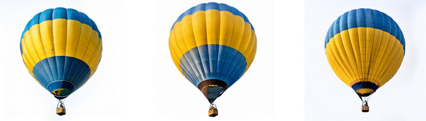 Three yellow and blue hot air balloons are floating against a white background.