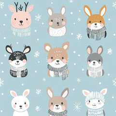 Cute winter animals in scarves and hats, snowflakes seamless pattern in pastel colors 