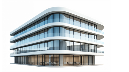 Modern office building, curved glass facade, minimalist architecture, white exterior, multi-story structure, panoramic windows, clean lines, contemporary design, commercial property