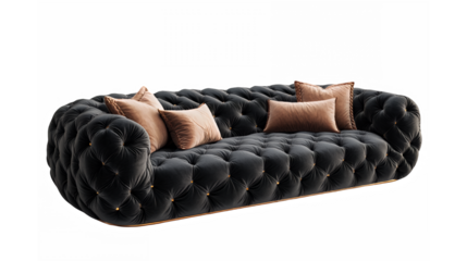 Luxurious black velvet tufted sofa, deep button quilting, curved organic shape, plush cushions, modern elegant design, high-end furniture, dramatic lighting, studio photography, minimalist background